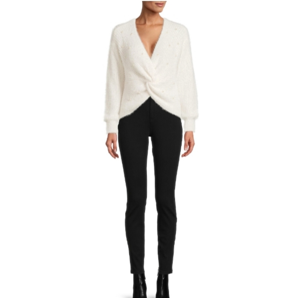 New Women's Ivory White Twist Front Sweater with Faux Pearl - Picture 7 of 7